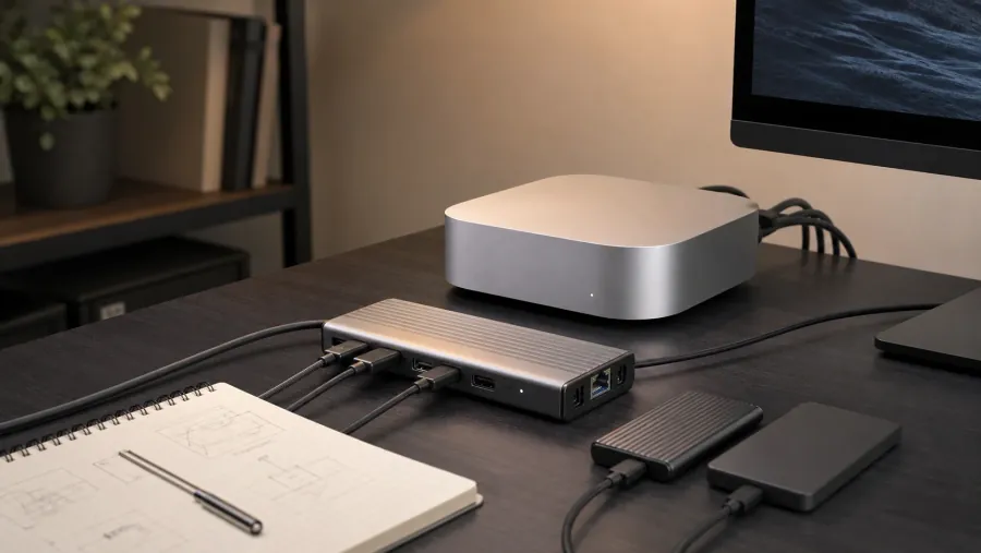 Mac mini connected to a practical Thunderbolt dock and local AI storage setup